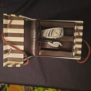 Elegant Silver and Black Watch & Bangle Set